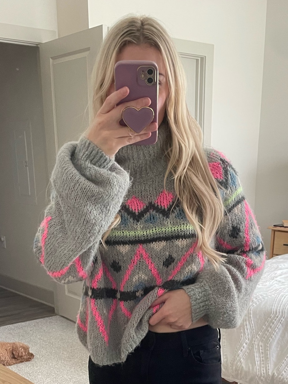 Hollister Gray Knit Sweater with Neon Pink & Green Fair Isle Pattern